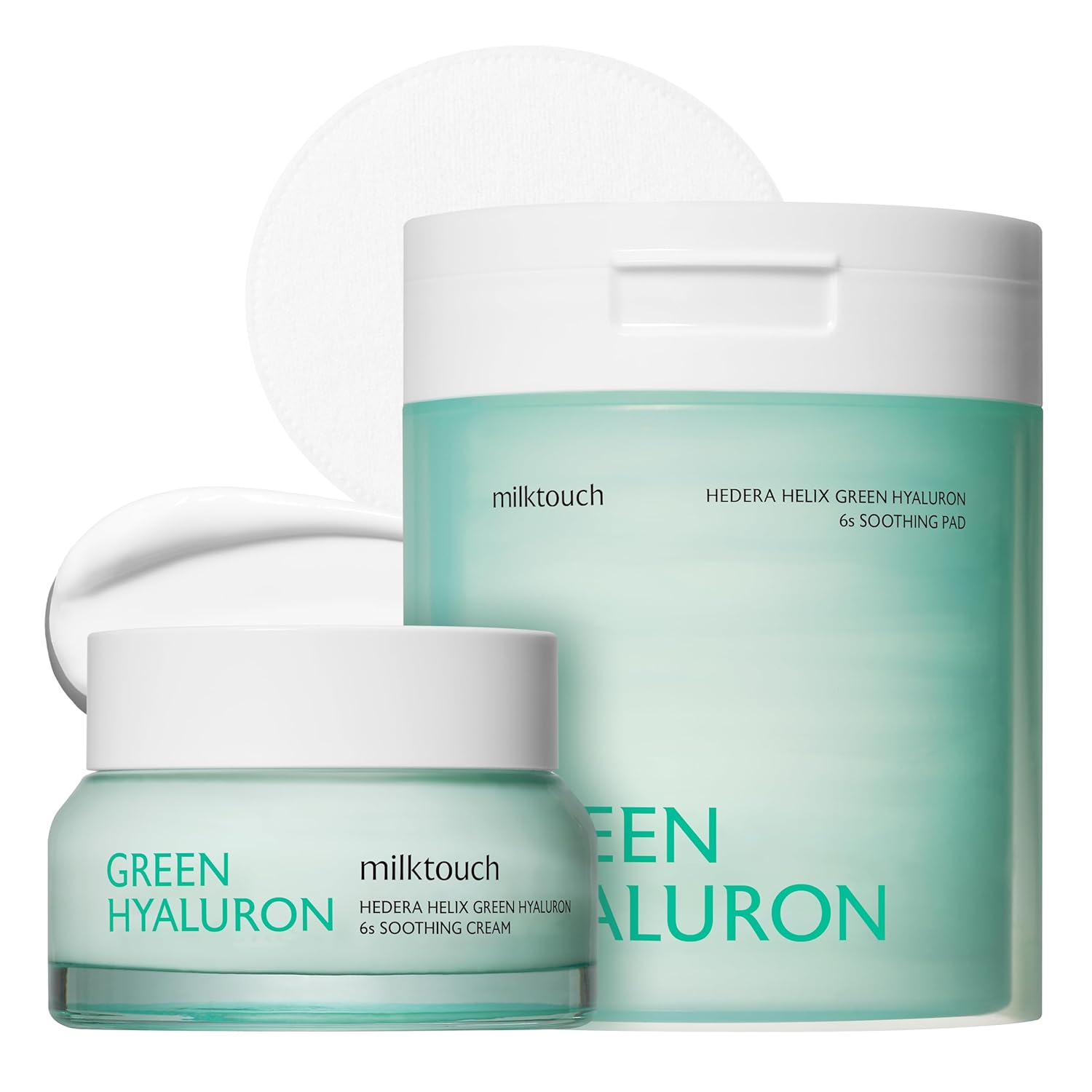 Milktouch Green Hyaluron Soothing & Hydrating Cream & Toner Pad For Sensitive Skin W/Redness, Breakout, Acne, Milia, Pimple - Face Gel Moisturizer & Exfoliating Pads Kbeauty Korean Skincare