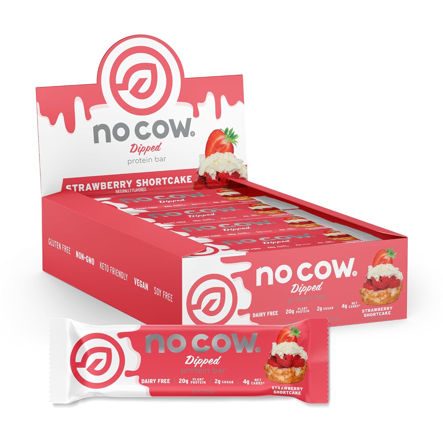 No Cow High Protein Bars, Dipped Strawberry Shortcake - Healthy Snacks, 20G Vegan Protein, High Fiber, Low Sugar, Dairy & Gluten Free (12 Count)