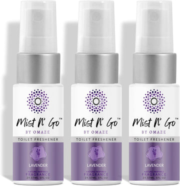 Mist N' Go by OMAZE Lavender Scent Toilet Spray For Poop - Bathroom Spray Odor Eliminator Use Before You Sit On Toilet - Bathroom Poop Spray For Toilet Use For Travelling - Pocket Size (1oz x3)