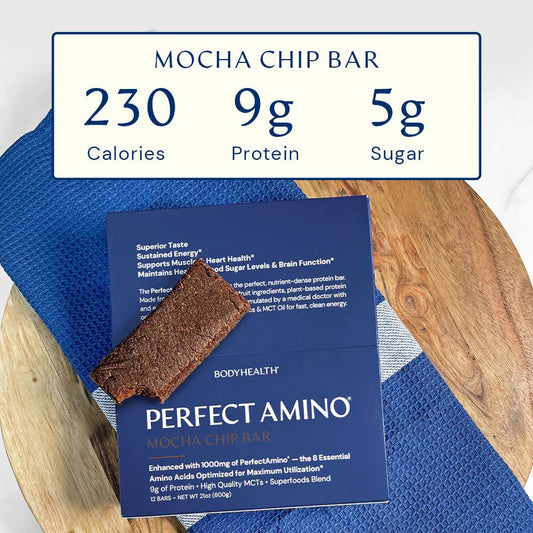 Bodyhealth Perfectamino Bar Protein Energy Snack With 10G Of Protein, Plant Based Mct'S, Superfood Blend, Kosher, (Mocha, 12 Pack)