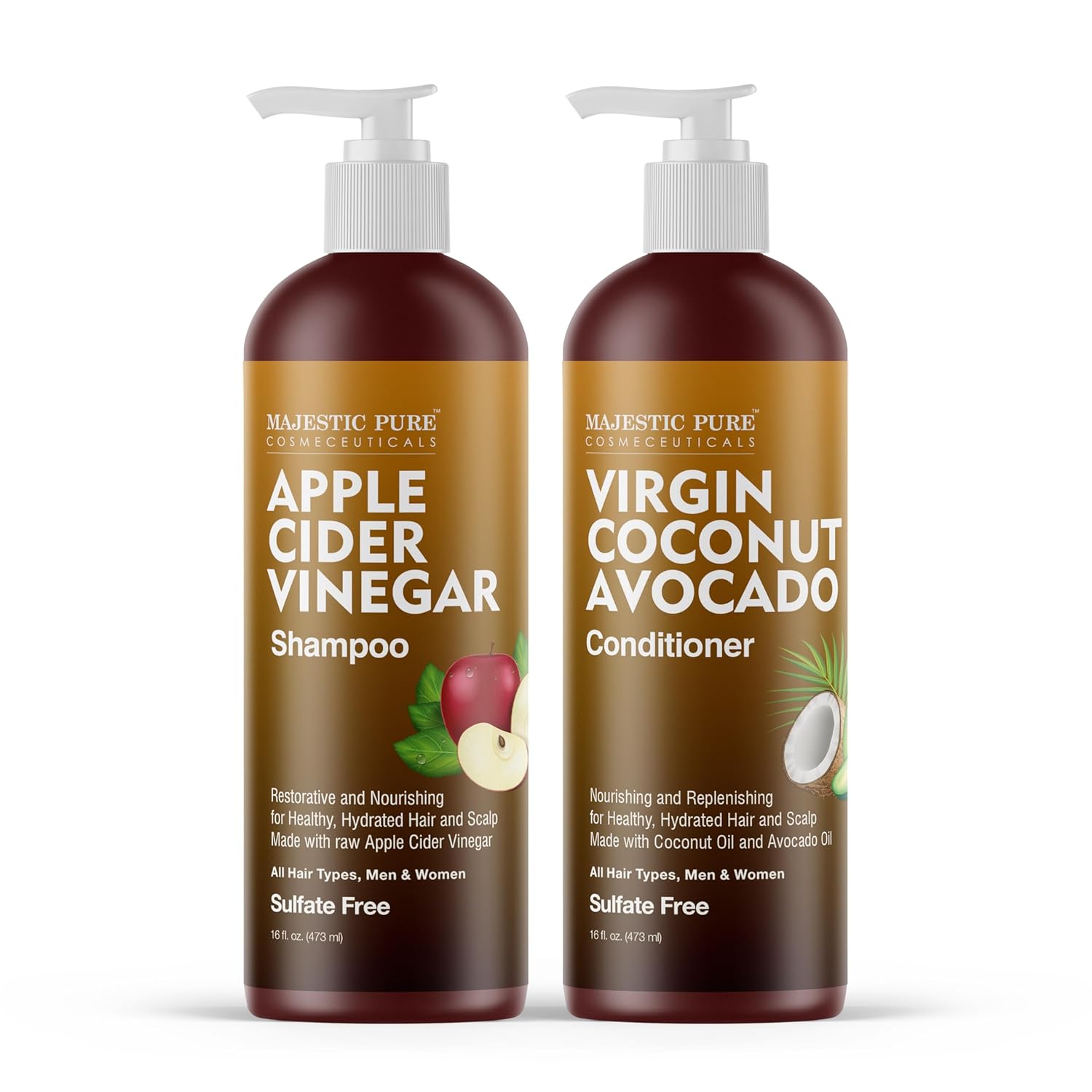 MAJESTIC PURE Apple Cider Vinegar Shampoo and Avocado Coconut Conditioner Set - Restores Shine & Reduces Itchy Scalp, Dandruff & Frizz - Sulfate Free, for All Hair Types, Men and Women - 2 x 16 fl oz