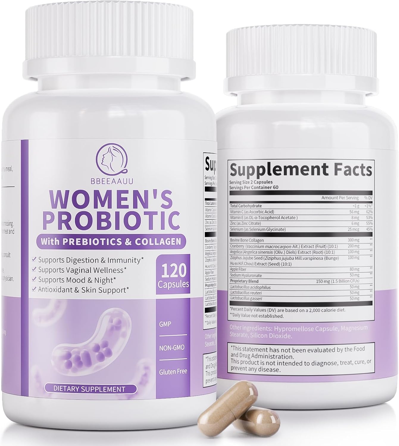 Vaginal* Probiotics For Women Ph Balance With Lactobacillus & Prebiotics & Collagen & Cranberry Womens Probiotic, For Digestion*, Vagina* & Immunity*, Gluten Free, Shelf Stable 120 Capsules