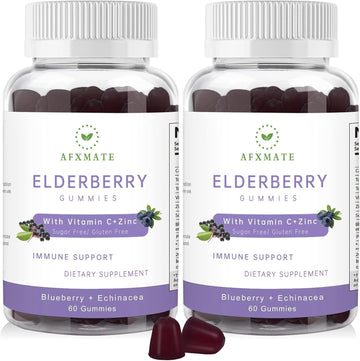 Afxmate Sambucus Elderberry Gummies, Black Elderberry Gummy With Zinc And Vitamin C For Adults, Sugar Free Kids Multivitamin Gummies Immune Support* Supplement (2 Pack)