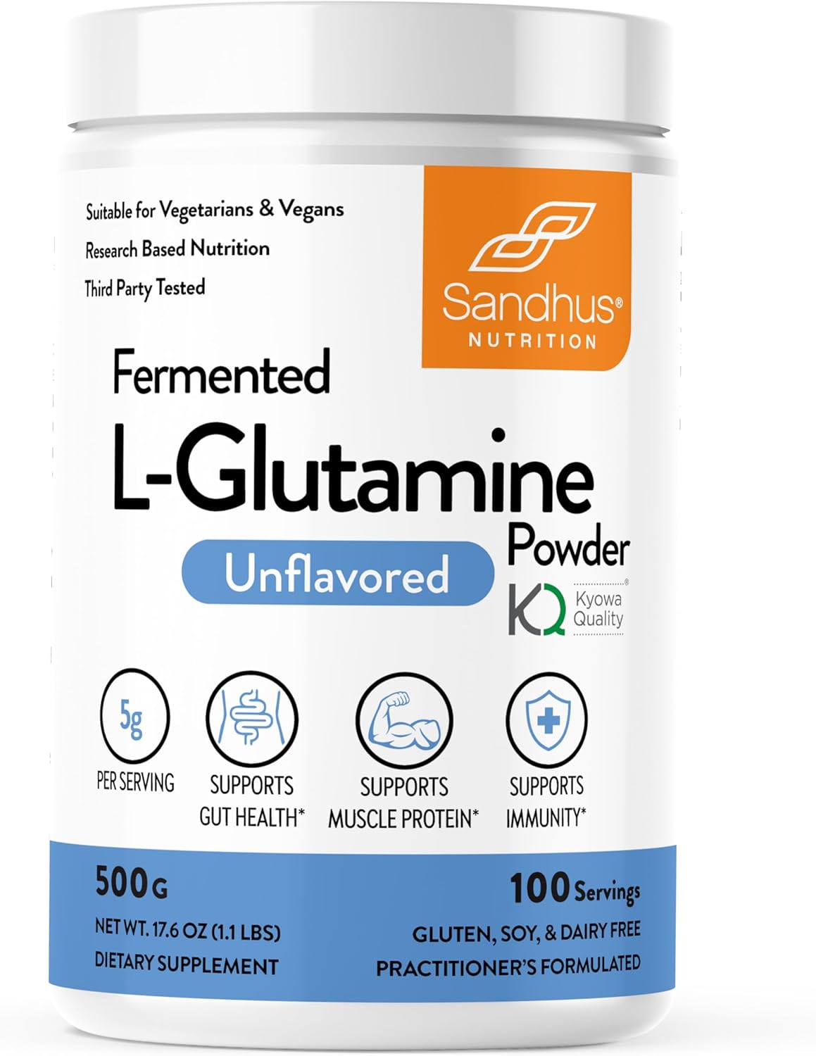 Sandhu'S L-Glutamine Powder | 100 Servings, 500 Gram, 17.6 Oz., Large Size, 3 Months Supply| Made In Usa | Non-Gmo, Amino Acid Supplement For Muscle Support And Gut Health
