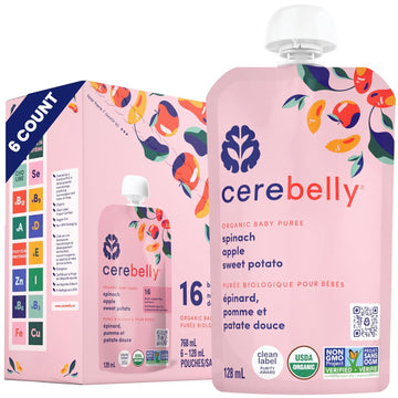 Cerebelly Baby Food Pouches – Organic Spinach Apple Sweet Potato (4 oz, Pack of 6) - Toddler Snacks - 16 Brain-Supporting Nutrients - Healthy Snacks, Made with Gluten-Free Ingredients, No Added Sugar