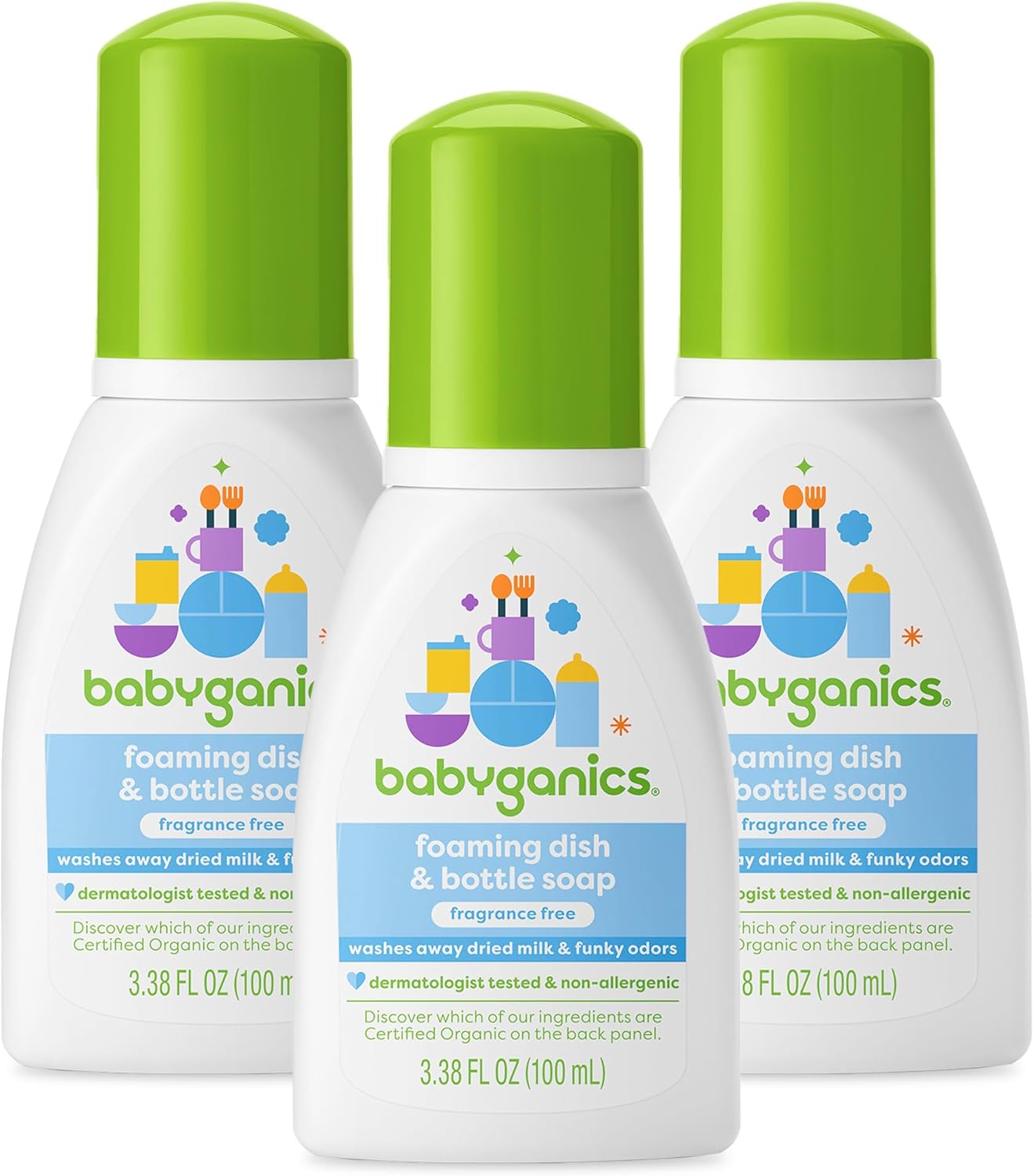 Babyganics Foaming Dish & Bottle Soap For Travel, Fragrance Free, Plant-Derived Cleaning Power, Removes Dried Milk, Packaging May Vary, 3.38 Fl Oz (Pack Of 3)