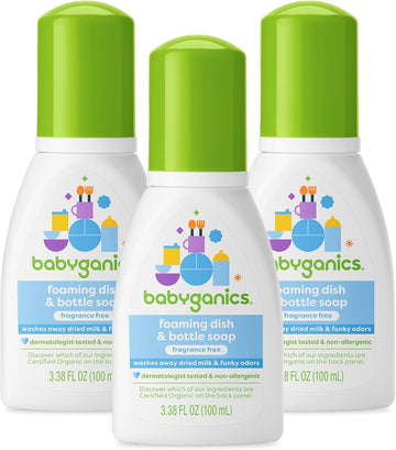 Babyganics Foaming Dish & Bottle Soap For Travel, Fragrance Free, Plant-Derived Cleaning Power, Removes Dried Milk, Packaging May Vary, 3.38 Fl Oz (Pack Of 3)