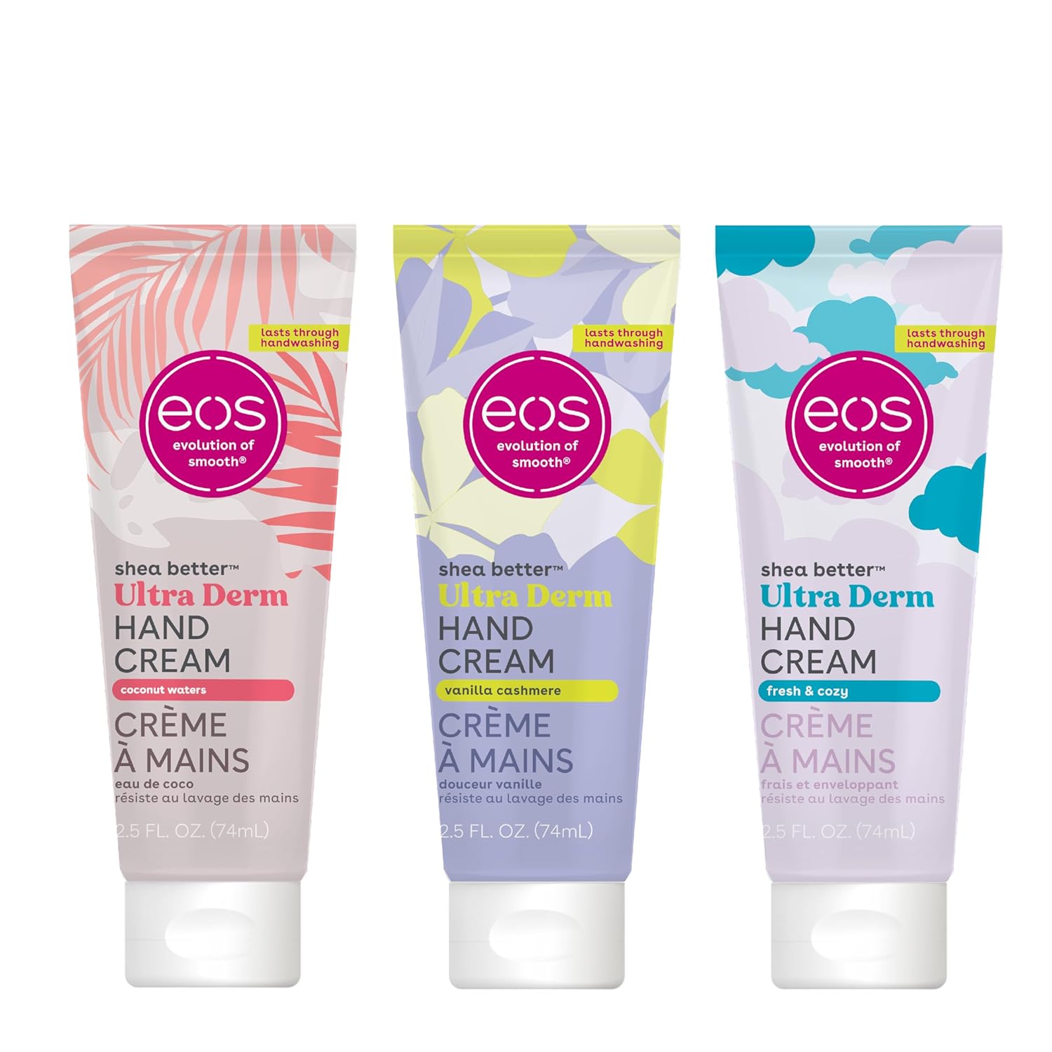 Bundle of eos Shea Better Hand Cream - Vanilla Cashmere + Fresh & Cozy + Coconut- Natural Shea Butter Hand Lotion and Skin Care, 24 Hour Hydration with Shea Butter & Oil, 2.5 oz, Packaging May Vary