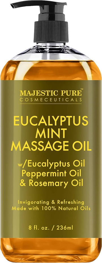 Majestic Pure Eucalyptus Mint Massage Oil - Invigorating, Refreshing, And Relaxing - Massage, Made With Natural Oils - For All Skin Types - Men And Women - Made In Usa - 8 Fl Oz