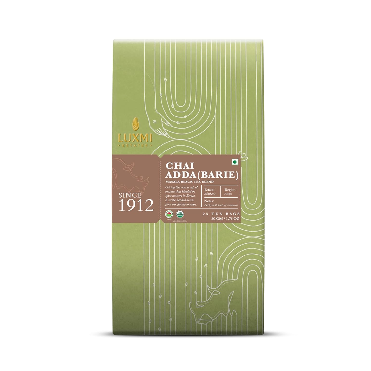 Luxmi Estates Chai Adda-Bari 25 Tea Bags (50G) Pack | Masala Chai | Certified Organic Black Tea