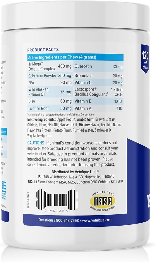 Vetnique Dermabliss Dog Allergy Relief & Immune Support Supplement Allergy Chews For Dogs Itching And Licking With Omega 3 Fish Oil & Probiotics For Itch Relief - Vet Recommended (120Ct Chews)