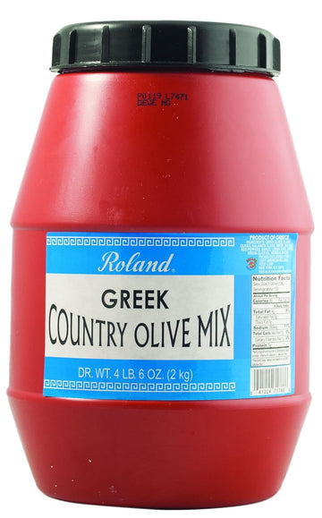 Roland Foods Greek Country Olive Mix, Whole Olives Marinated with Garlic and Pepperoncini Peppers, Specialty Imported Food, 4 Lb 6 Oz Tub