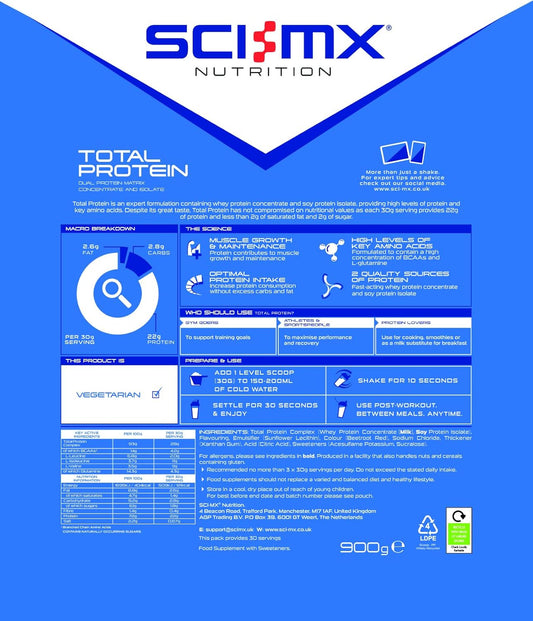 Sci-Mx Total Protein - Concentrate & Isolate Protein Powder - Lean Muscle Development - Speculoos Biscuit • No Added Sugar • 4.1G Bcaas + 21G Protein Per Serving • 900G