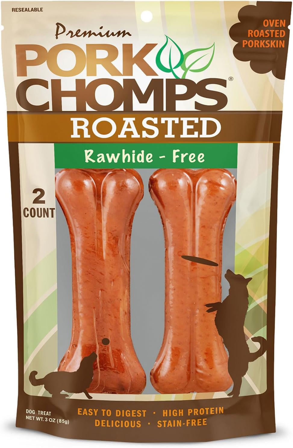 Pork Chomps Roasted Pressed Pork Skin Dog Chews, 4.5-Inch Bone, 2 Count
