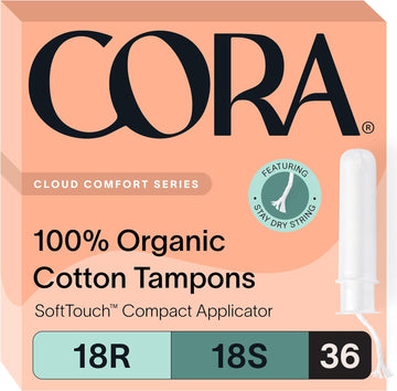 Cora Organic Applicator Tampon Multipack | 18 Regular & 18 Super Absorbency | 100% Organic Cotton, Unscented, Bpa-Free Compact Applicator | Leak Protection | Packaging May Vary | 36 Total