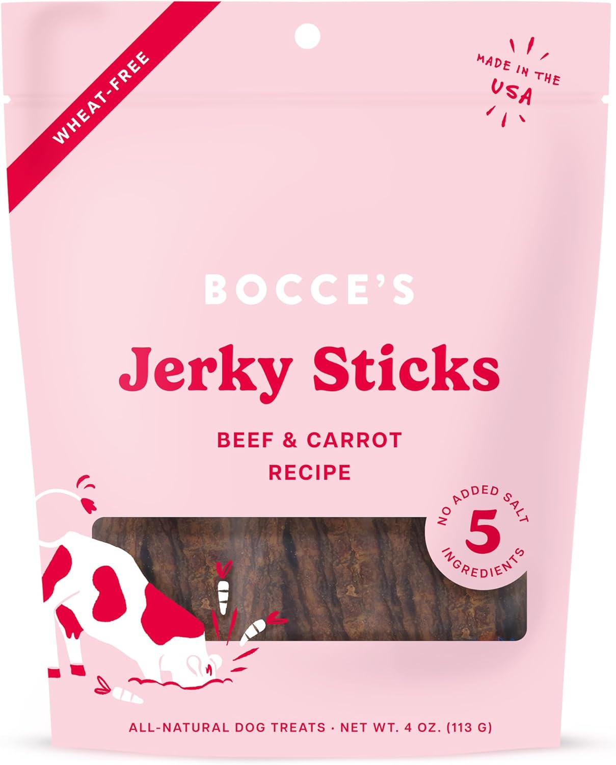 Bocce'S Bakery Jerky Stick Dog Treats, Wheat-Free, Made With Limited-Ingredients, Baked In The Usa With No Added Salt Or Sugar, All-Naural & High-Protein, Beef & Carrot Recipe, 4 Oz