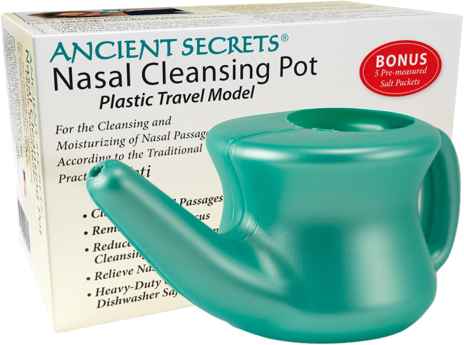 Ancient Secrets Neti Pot Sinus Rinse - Nasal Cleansing Pot, Plastic Travel Model, Nasal Irrigation, Bpa-Free Neti Pot + 6 Pre-Measured Packs Of Nasal Cleansing Salt