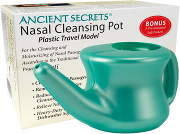 Ancient Secrets Neti Pot Sinus Rinse - Nasal Cleansing Pot, Plastic Travel Model, Nasal Irrigation, Bpa-Free Neti Pot + 6 Pre-Measured Packs Of Nasal Cleansing Salt