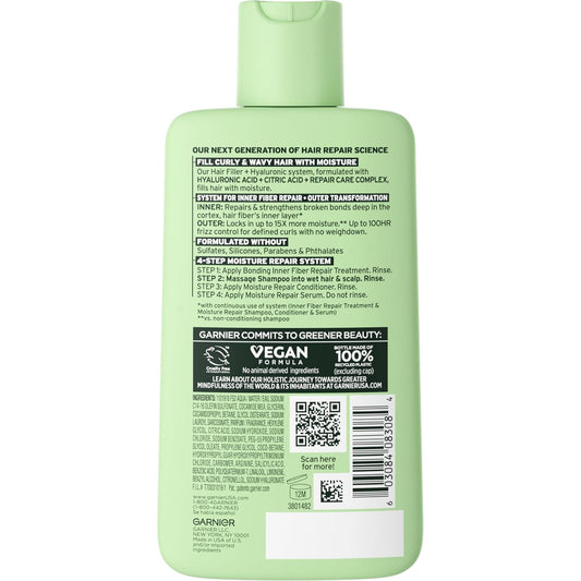 Garnier Fructis Hair Filler Moisture Repair Shampoo, Sulfate Free Shampoo For Curly, Wavy Hair With Hyaluronic Acid, 10.1 Fl Oz, 1 Count