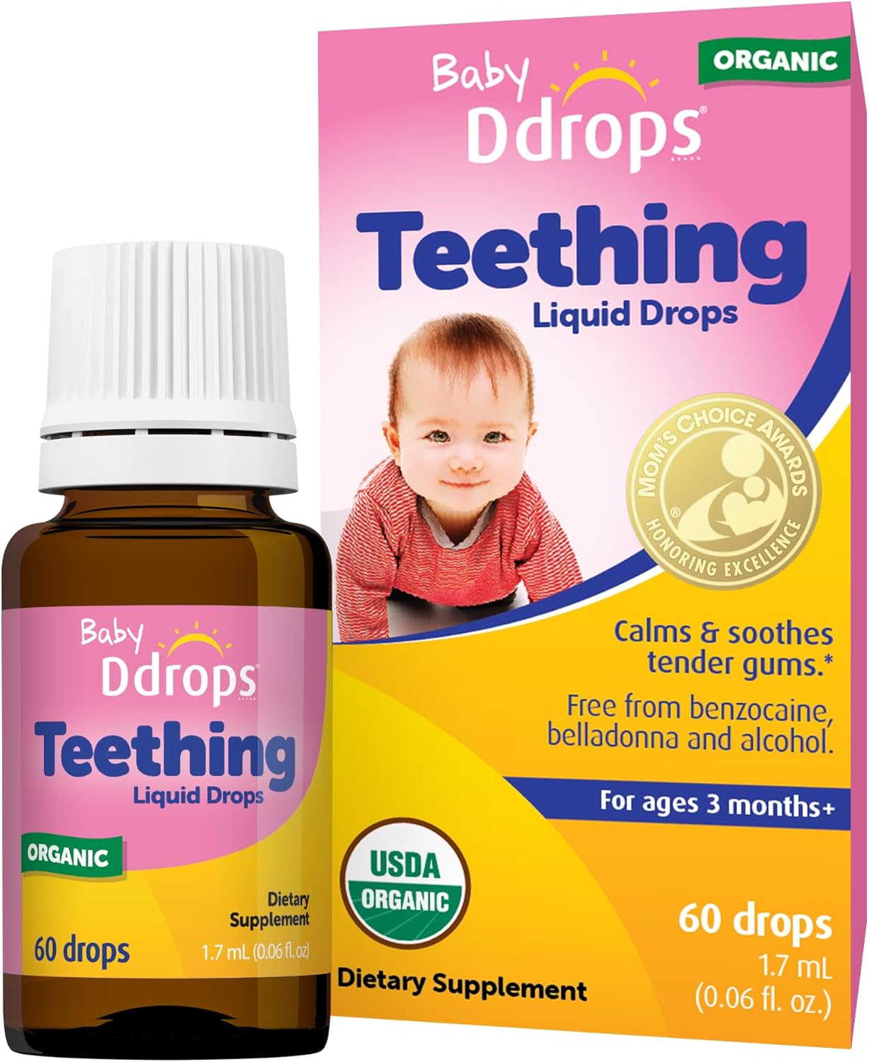 Ddrops Baby Organic Teething Relief Liquid, Calms And Soothes Baby'S Tender Gums Naturally, Easy-To-Use Drop Format, 3 Months +, 60 Drops