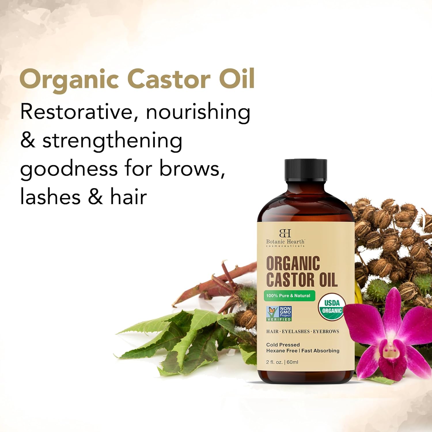 Botanic Hearth Castor Oil (2 Fl Oz) | Usda Organic | 100% Pure, Cold Pressed & Hexane Free | For Hair, Eyelashes, Eyebrows & Scalp Treatment | With Lash & Brow Brush : Beauty & Personal Care