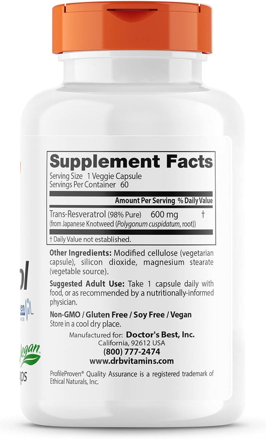 Doctor's Best Trans-Resveratrol 600, Non-GMO, Vegan, Gluten Free, Soy Free, 600 mg, 60 Veggie Caps (DRB-00416)