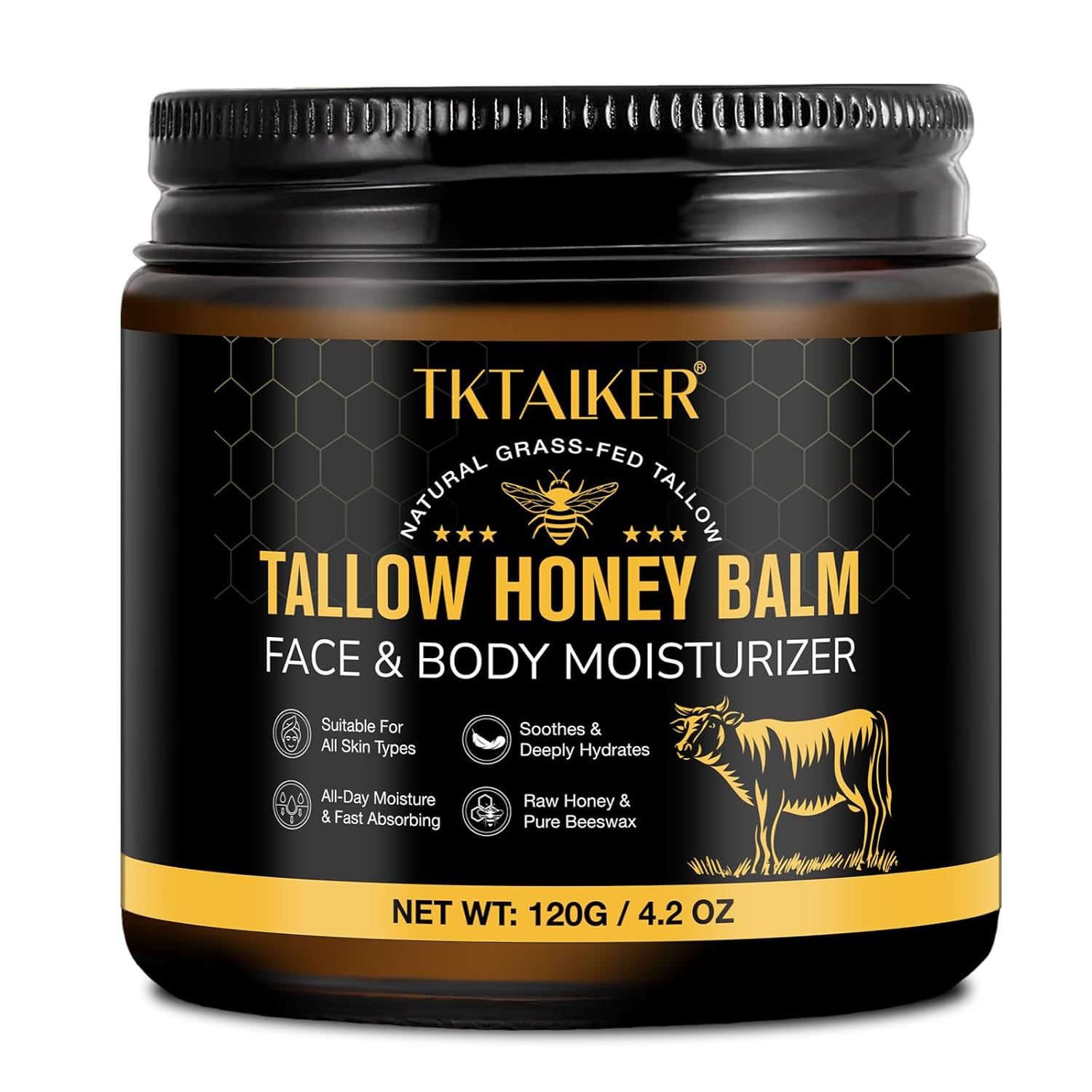 Beef Tallow For Skin, Beef Tallow For Face, Hydrating Tallow Balm With Raw Honey And Beeswax, Grass-Fed Beef Tallow & Raw Wild Honey Blend, Body & Face Moisturizer, Natural Formula, Light Scent