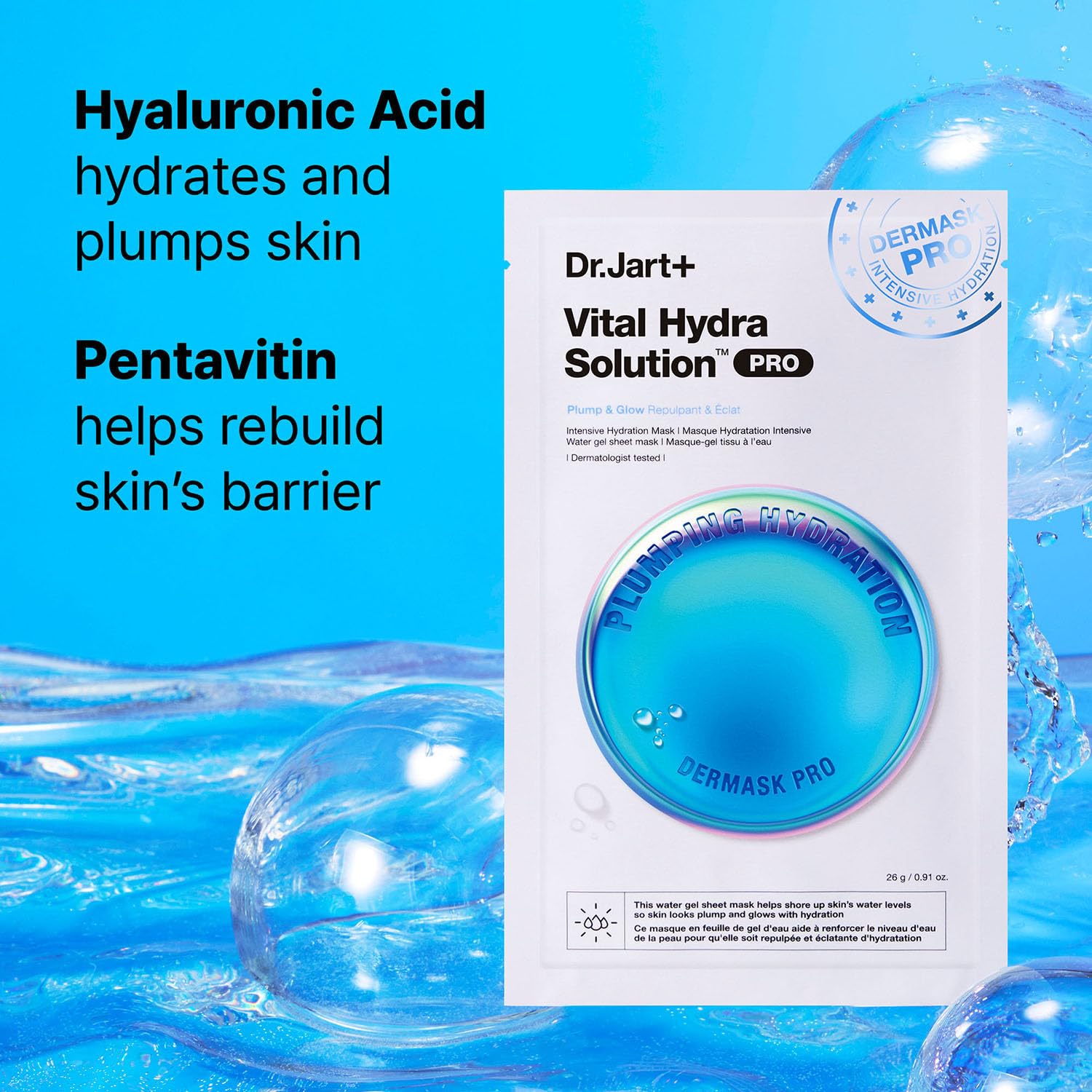 Dr.Jart+ Dermask Vital Hydra Solution Glow Face Mask with Hyaluronic Acid | Sheet Mask | Korean Skin Care, 0.92 Ounce : Beauty & Personal Care