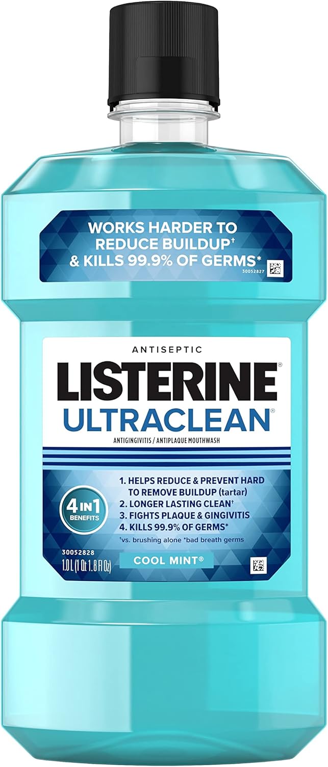 Listerine Ultraclean Oral Care Antiseptic Mouthwash, Everfresh Technology To Help Fight Bad Breath, Gingivitis, Plaque & Tartar, Ada-Accepted Tartar Control Oral Rinse, Cool Mint, 1 L