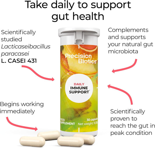 Precisionbiotics Daily Immune Support - Daily Gut Health Probiotics Supplement - L.Casei 431 Bacterial Culture Strains + Vitamin C - 30 Capsules
