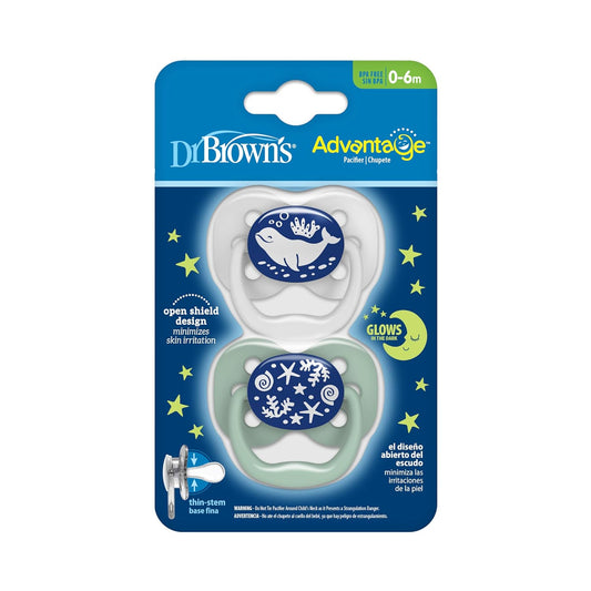 Dr. Brown'S Advantage Glow-In-The-Dark Baby Pacifier, Fully Symmetrical Soother With Soft Silicone Bulb, 0-6M, Bpa Free, Blue Ocean, 2 Pack (Style May Vary)