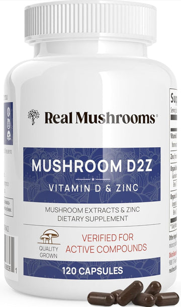 Real Mushrooms Zinc Supplements For Adults (120Ct) Vitamin D2 Immune Support With Chaga & Reishi - Vegan, Gluten-Free, Non-Gmo Zinc Vitamins For Adults - Mushroom Zinc Capsules