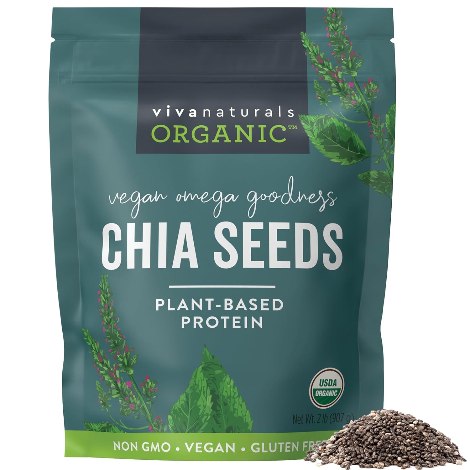 Viva Naturals Organic Chia Seeds 2 Lbs - Plant-Based Omega-3 And Vegan Protein, Non-Gmo Chia Seeds Organic Perfect For Smoothies, Salads And Chia Seed Pudding, Black Chia Seeds Bulk