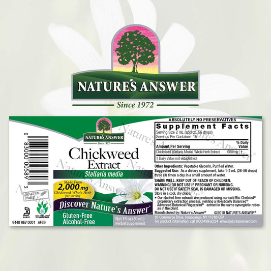 Nature's Answer Alcohol-Free Chickweed Stelleria Media 2000mg 1 Extract | Herbal Supplement | Promotes Digestion | Non GMO, Kosher, Gluten Free , Vegan | Single Count