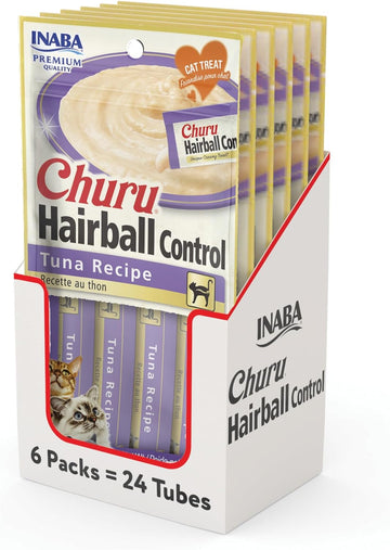 INABA Churu Hairball Control, Functional, Creamy Lickable Purée Cat Treat with Taurine & Vitamin E, 0.5 Ounces Each, 24 Tubes (4 per Pack), Tuna Recipe