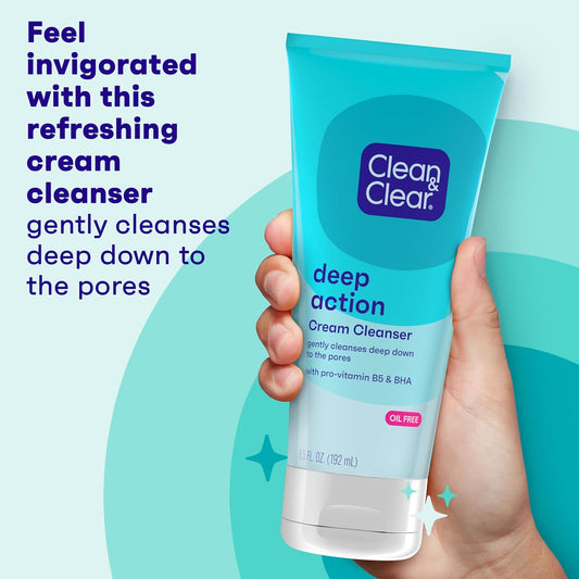 Clean & Clear Oil-Free Deep Action Cream Facial Cleanser, Cooling Daily Face Wash For Deep Pore Cleansing Of Acne-Prone Skin, 6.5 Oz (Pack Of 2)