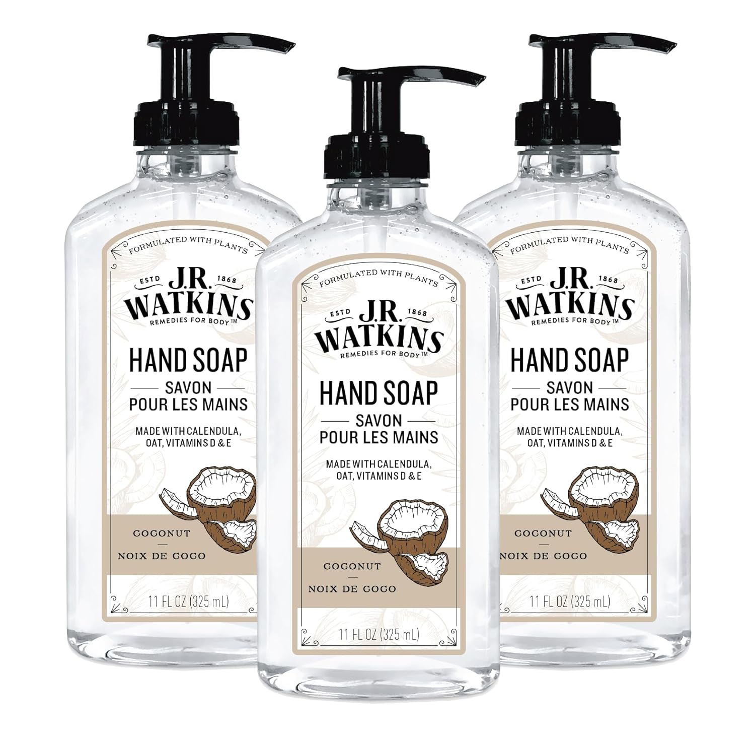 J.R. Watkins Liquid Hand Soap With Dispenser, Moisturizing Hand Soap, Alcohol-Free Hand Wash, Cruelty-Free, Usa Made Liquid Soap For Bathroom Or Kitchen, Coconut, 11 Fl Oz, 3 Pack