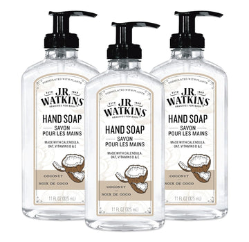 J.R. Watkins Liquid Hand Soap With Dispenser, Moisturizing Hand Soap, Alcohol-Free Hand Wash, Cruelty-Free, Usa Made Liquid Soap For Bathroom Or Kitchen, Coconut, 11 Fl Oz, 3 Pack