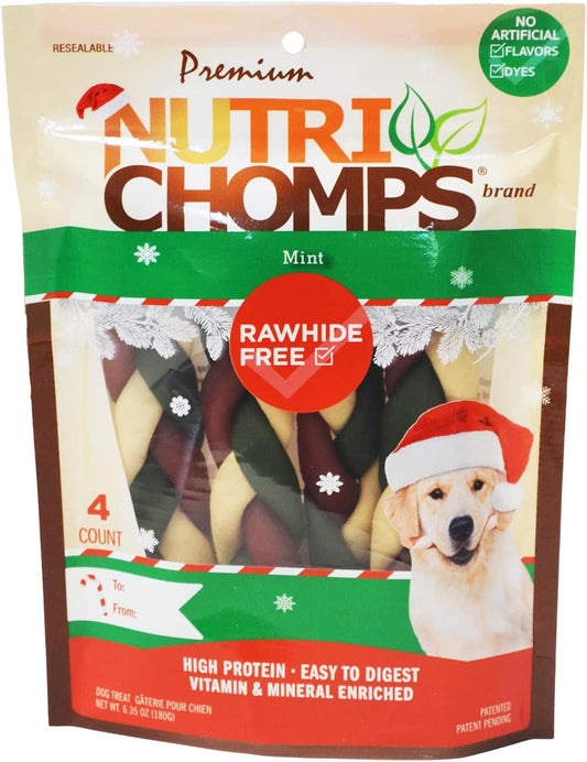 Nutrichomps Dog Chews, 6-Inch Holiday Braids, Mint, 4 Count, Red/Green