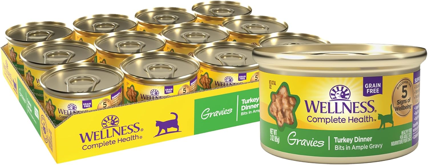 Wellness Complete Health Gravies Grain Free Canned Cat Food, Turkey Dinner, 3 Ounces (Pack Of 12)