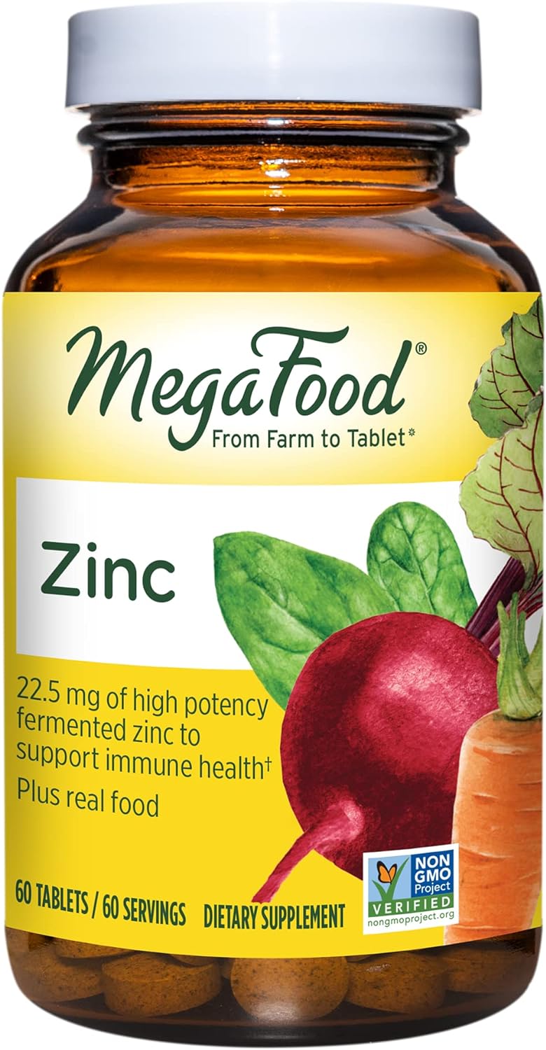 MegaFood Zinc - Immune Support Supplement - High Potency Fermented Zinc Supplements with Nourishing Food Blend - Vegan, Non-GMO, Gluten-Free, and Kosher - Made Without 9 Food Allergens - 60 Tabs