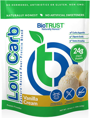 Biotrust Low Carb Protein Powder – Natural And Delicious Whey & Casein Blend From Grass-Fed Hormone Free Cows – Non Gmo, Soy Free, Gluten Free, Hormone Free (Vanilla)