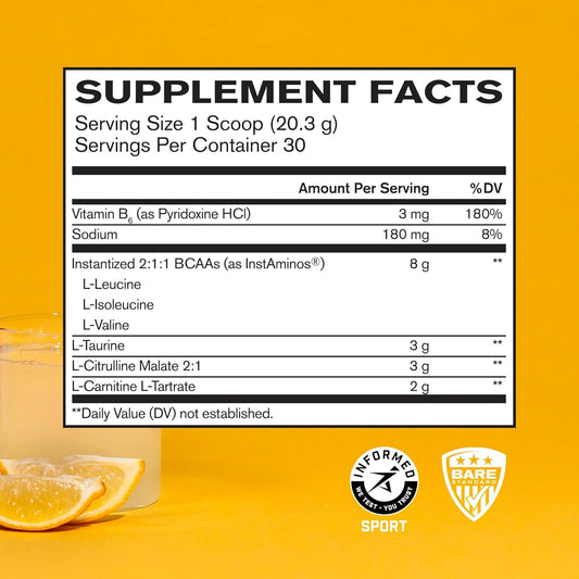 Bare Performance Nutrition Intra-Flight, Branch Chain Amino Acids, Ultimate Endurance Supplement, Increase Endurance and Stamina, 2:1:1 BCAA + Recovery (30 Servings, Lemonade)