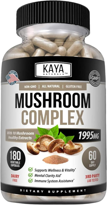 Kaya Naturals Premium Mushroom Complex Potent | Organic Mushroom Supplement| Mushroom Complex Capsules 1995Mg Per Serving - Aids Mental Clarity Supports Immune System, Wellness & Vitality | 180 Count