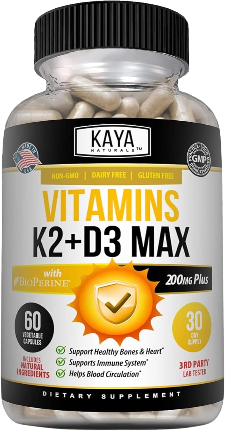 Kaya Naturals Vitamins K2 With D3 5000Iu Supplement - Bone And Heart Health Supplement - Easy To Swallow Supplement - Bioperine Capsules - 60 Veggie Count