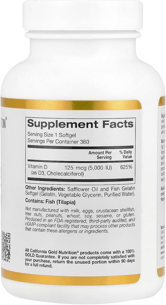 Vitamin D3, 5,000Iu, Cholecalciferol From Lanolin, 125 Mcg, 360 Fish Gelatin Softgels