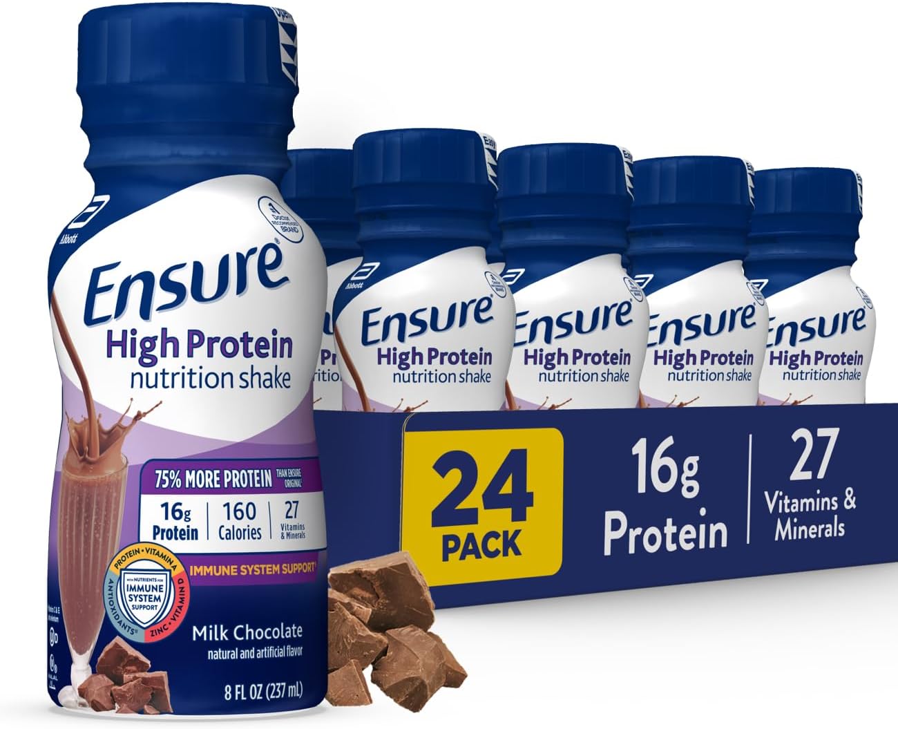 Ensure High Protein Nutritional Shake With Fiber, 16G Protein, Meal Replacement, With Nutrients To Support Immune System Health, Milk Chocolate, 8 Fl Oz, 24 Count