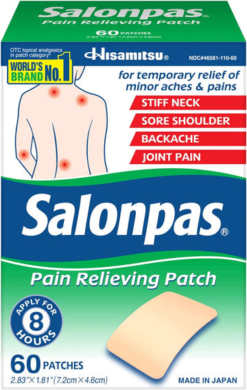 Salonpas Pain Relieving Patch for Back, Neck, Shoulder, Knee Pain and Muscle Soreness - 8 Hour Pain Relief - 60 Count