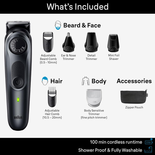 Braun All-In-One Style Kit Series 5 5480, 8-In-1 Trimmer For Men With Beard Trimmer, Body Trimmer For Manscaping, Hair Clippers & More, Ultra-Sharp Blade, 40 Length Settings, Waterproof