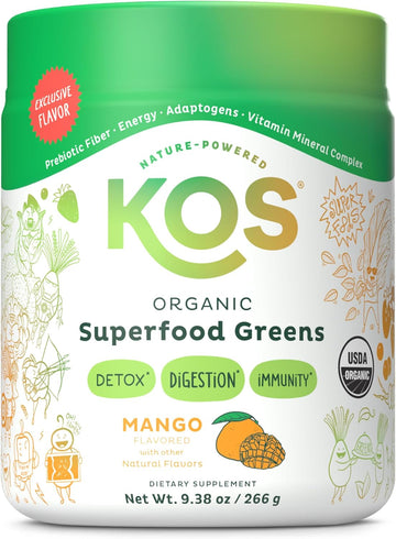 Kos Organic Superfood Greens Powder - Gut Health From Prebiotic Fiber, Supergreens And Adaptogens - Usda Certified Organic, Made In A Gmp Certified Facility - 28 Servings Mango